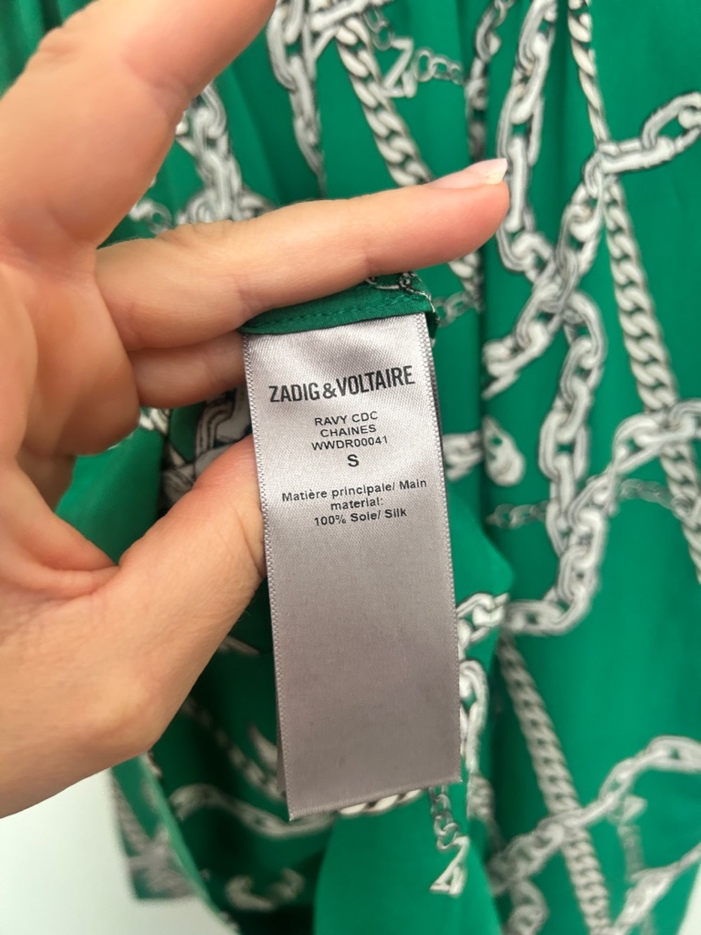 Zadig & Voltaire Ravy Chain Print 100% Silk 3/4 Sleeves Mini Dress Green Small - Picture 9 of 10
